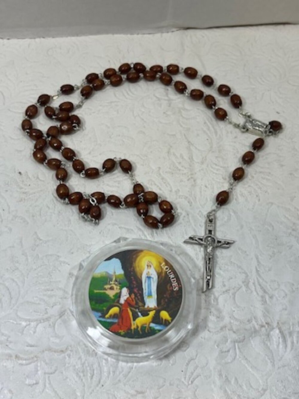 Our Lady of Lourdes Traditional Catholic Brown Beaded Rosary w/Travel Case